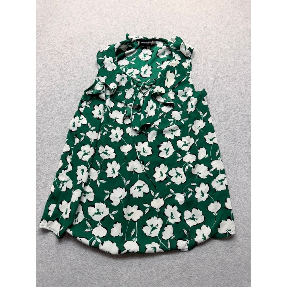 Karl Lagerfeld Paris Green White Floral Ruffle Tie Neck Sleeveless Blouse S